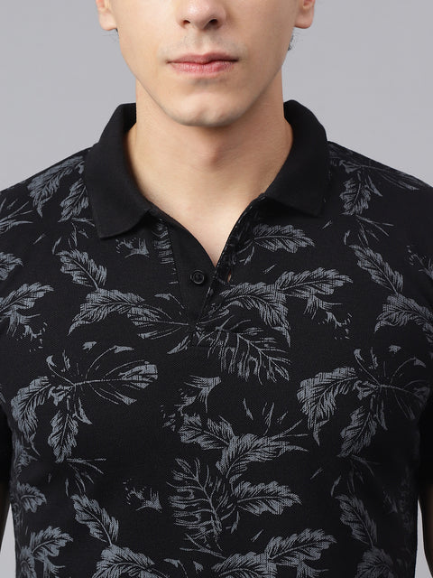 Men Black Regular Fit Printed Polo Neck Casual T-Shirt