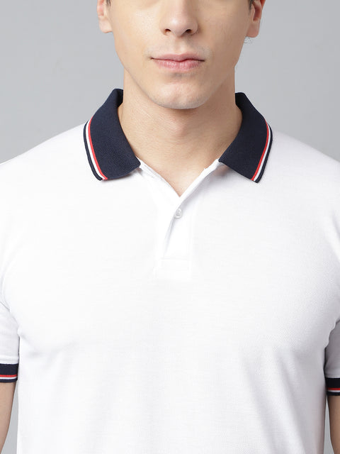 Men White Regular Fit Solid Polo Neck Casual T-Shirt