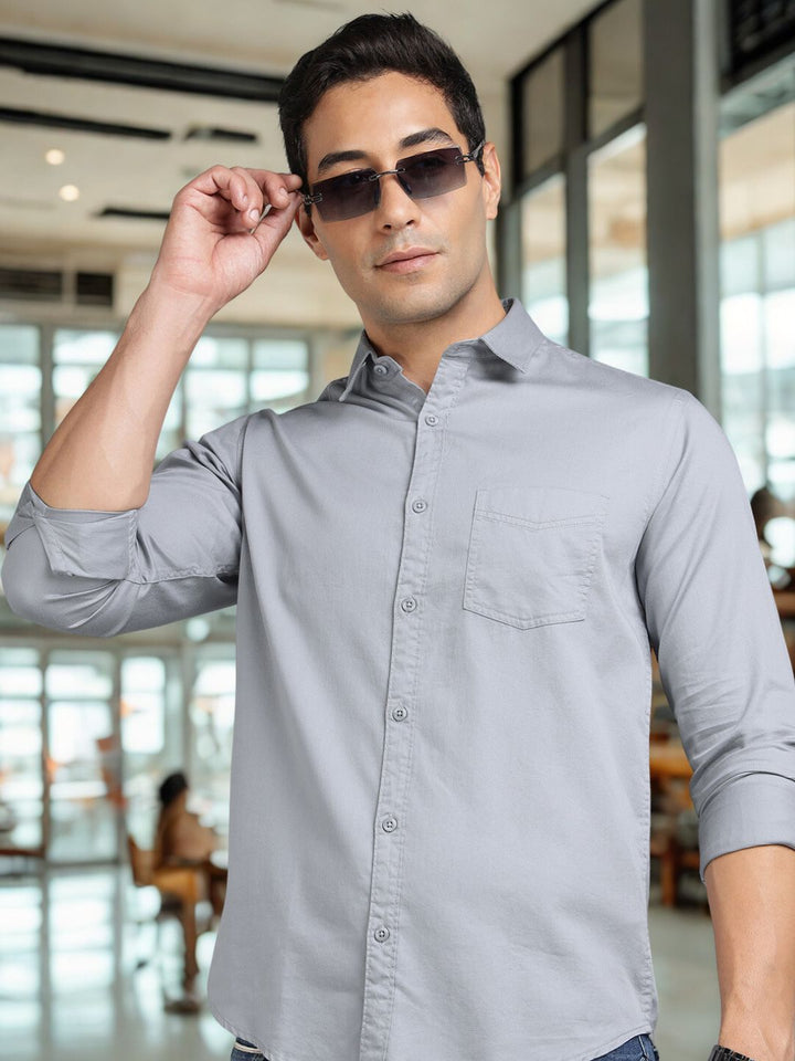 Men Grey Slim Fit Cotton Casual Shirt