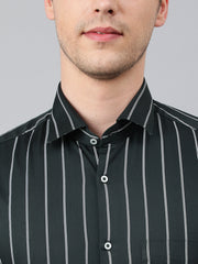 Men Dark Green Standard Fit Striped Club Wear Shirt