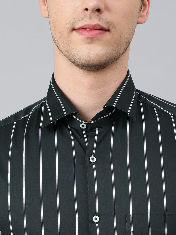 Men Dark Green Standard Fit Striped Club Wear Shirt
