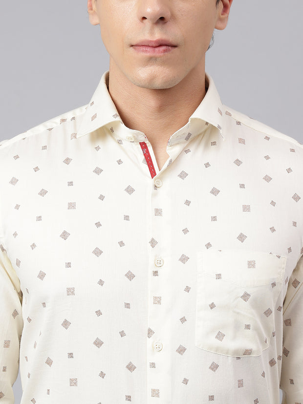 Men Cream Standard Fit Printed Club Wear Shirt