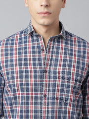 Men Navy Maroon Standard Fit Checkered Casual Shirt