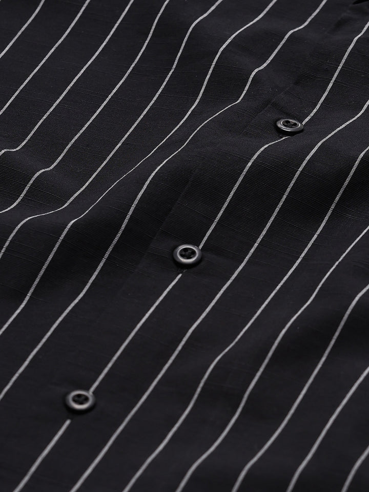 Men's Black Stripe Cuban Collar Half Sleeve Shirt-7