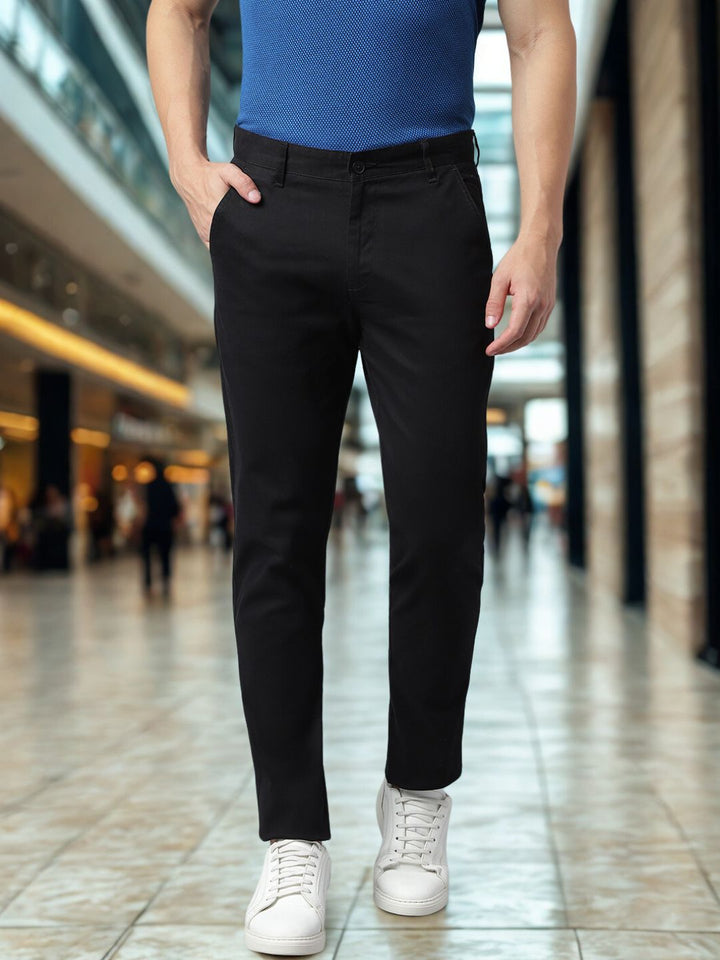 Men Black Slim Fit Mid Rise Solid Casual Trouser