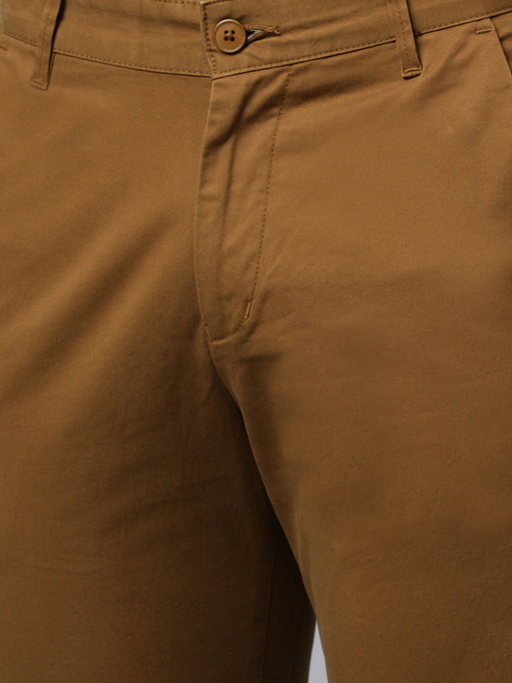 Men Dark Khaki  Slim Fit Mid Rise Solid Casual Trouser
