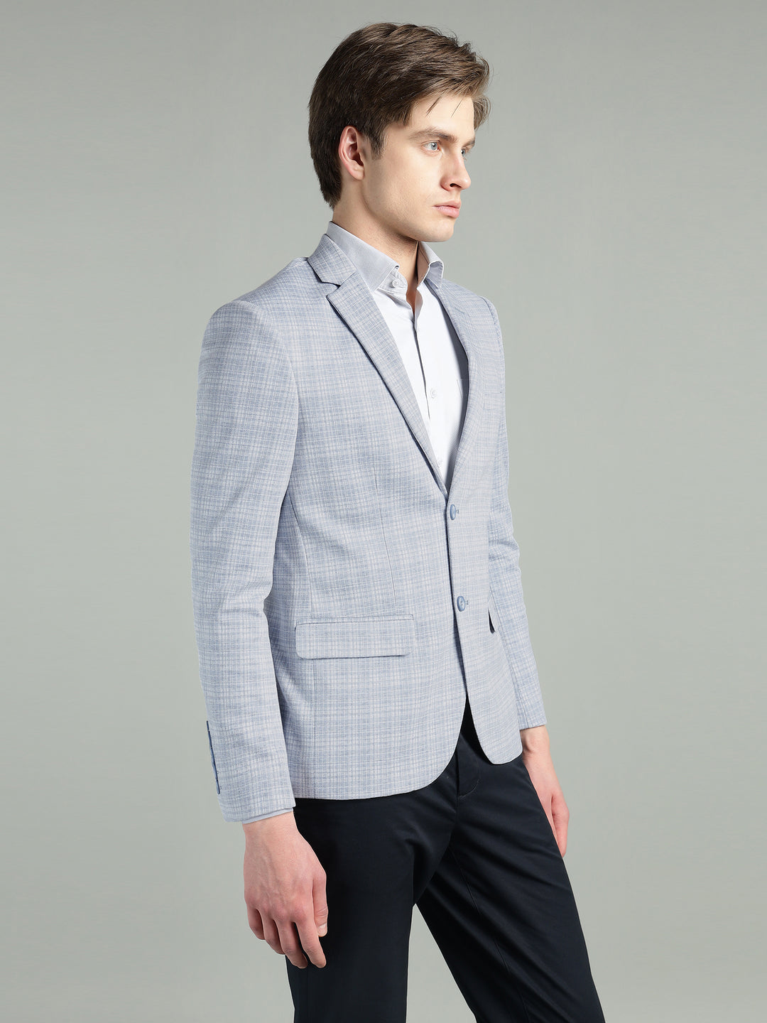 Men’s Light Grey & Light Blue Knitted Check Blazer