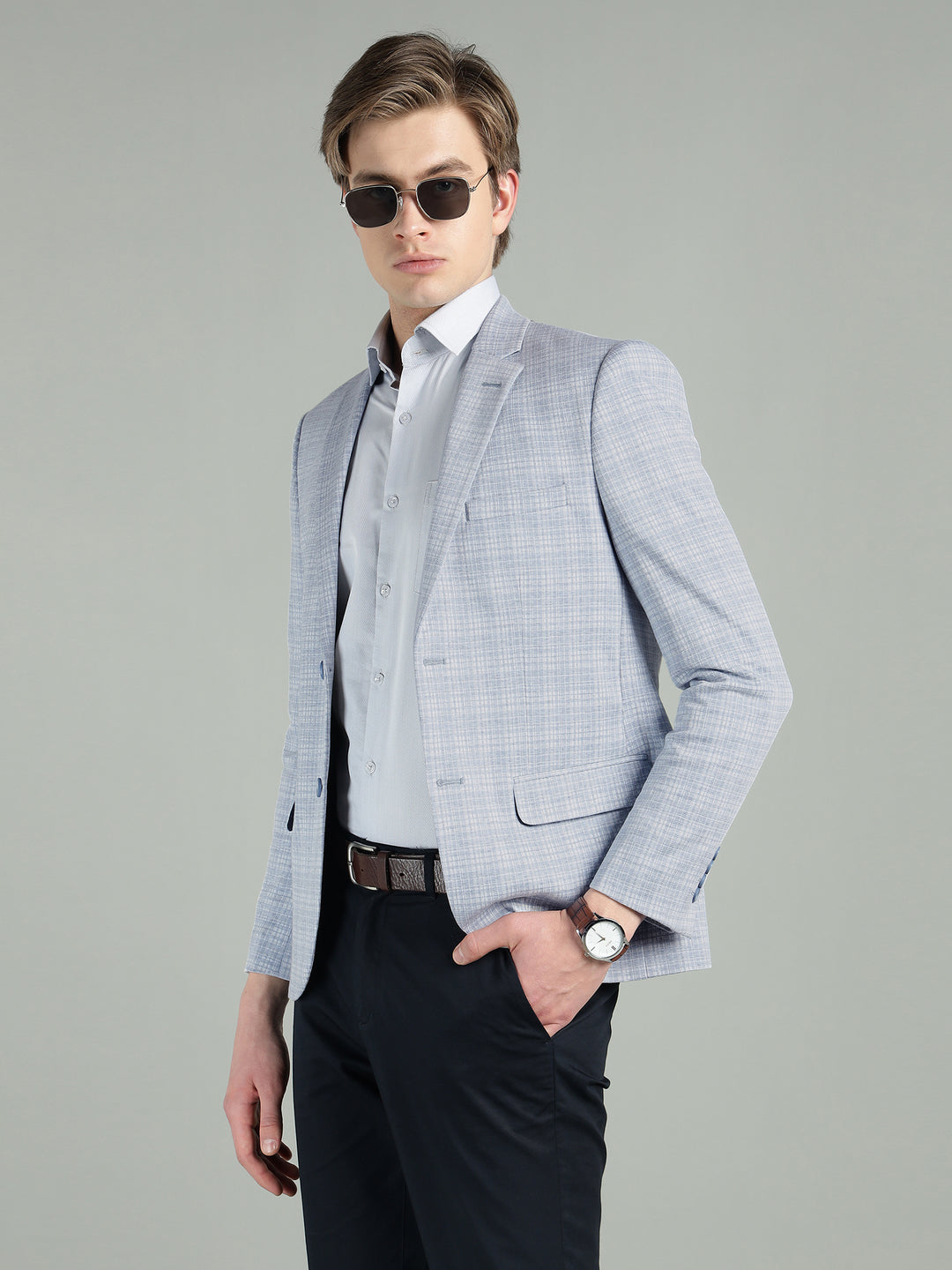 Men’s Light Grey & Light Blue Knitted Check Blazer