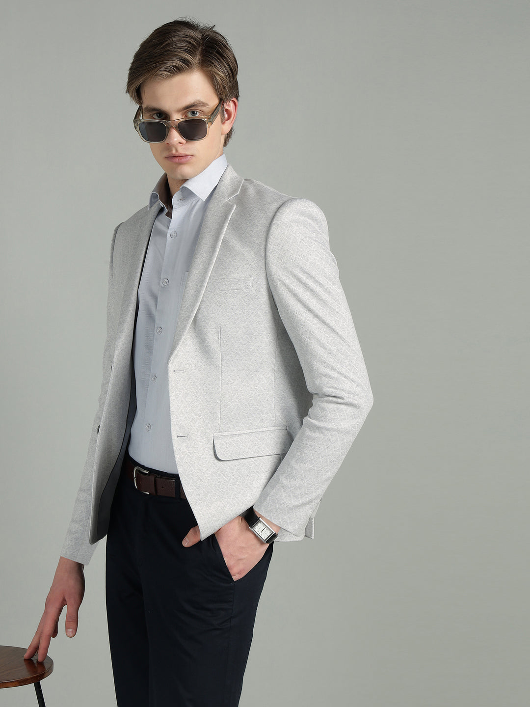 Men’s Light Grey Geometric Pattern Jacquard Blazer
