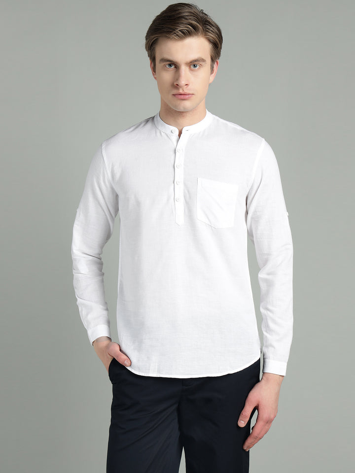 Men’s White Mandarin Collar Linen Cotton Kurta Shirt