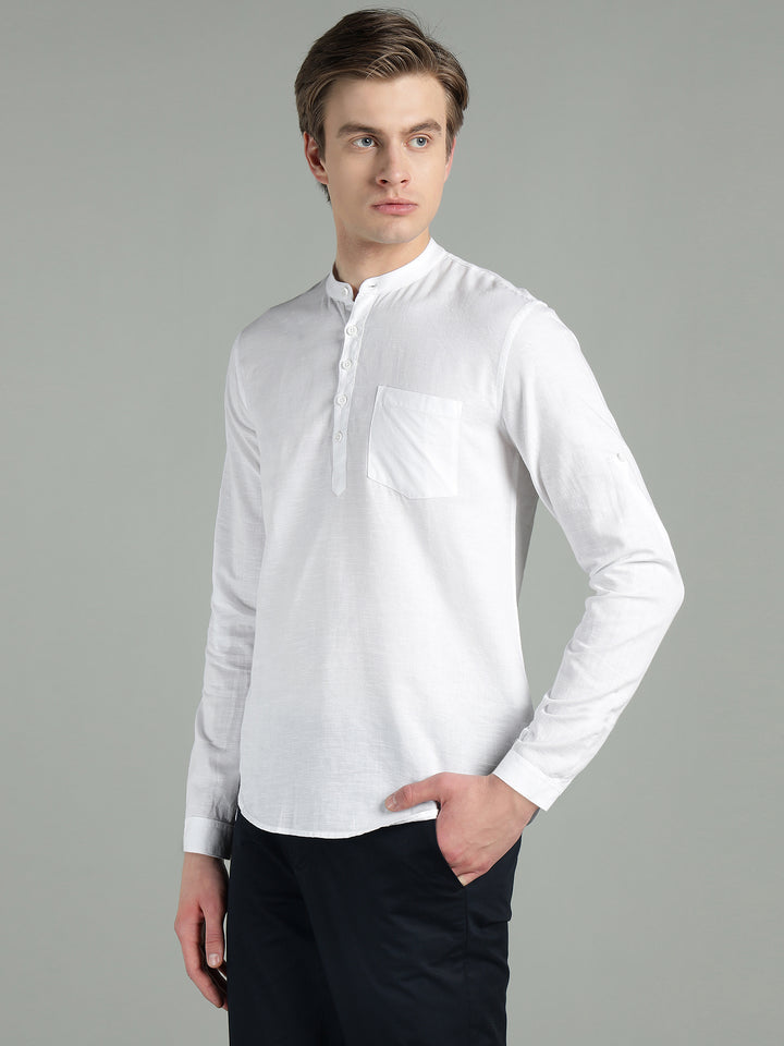 Men’s White Mandarin Collar Linen Cotton Kurta Shirt