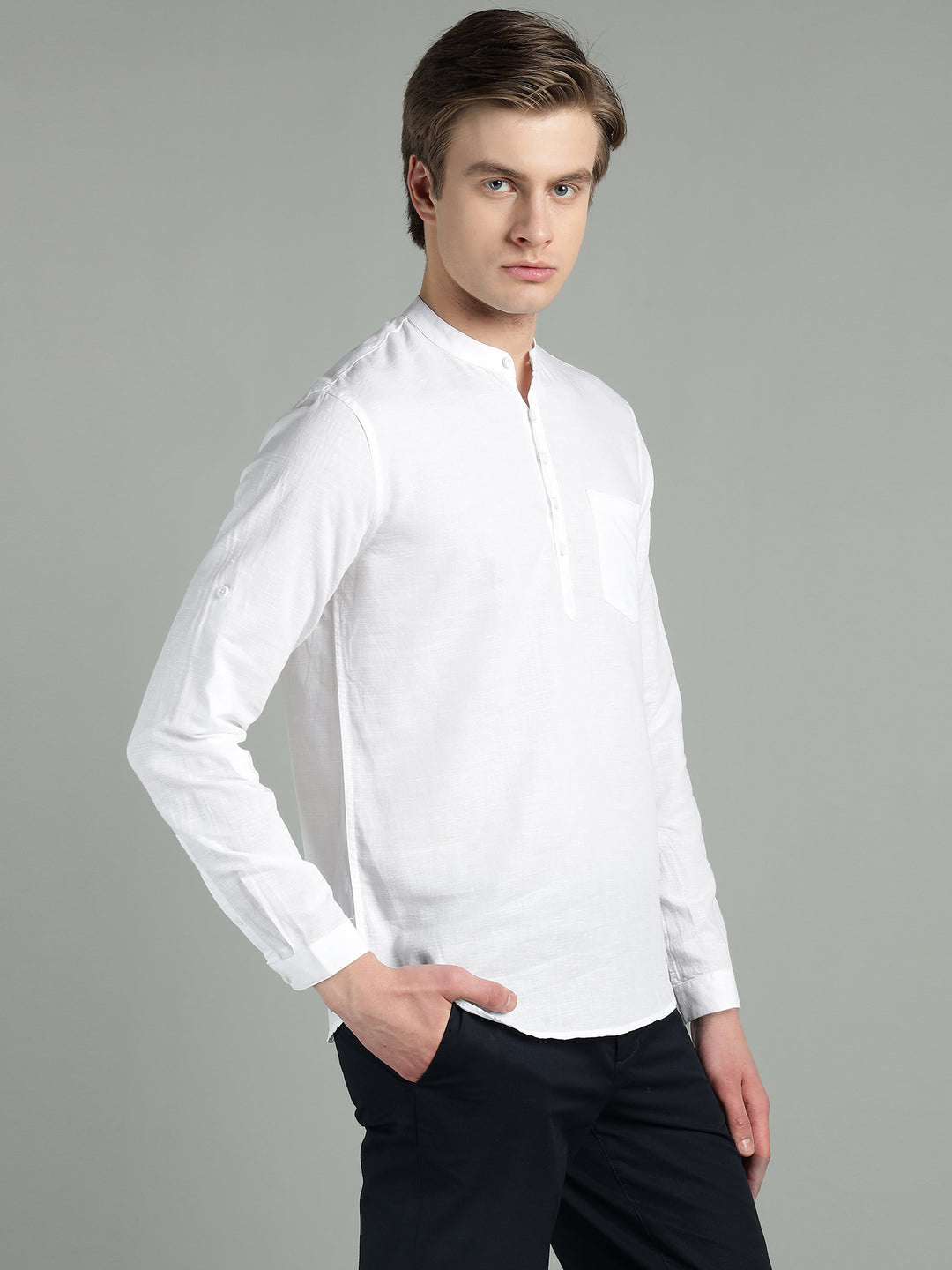 Men’s White Mandarin Collar Linen Cotton Kurta Shirt