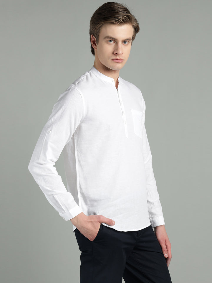 Men’s White Mandarin Collar Linen Cotton Kurta Shirt