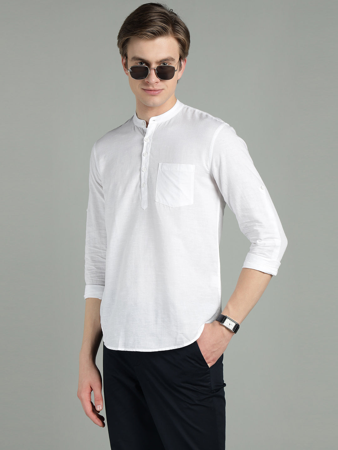 Men’s White Mandarin Collar Linen Cotton Kurta Shirt