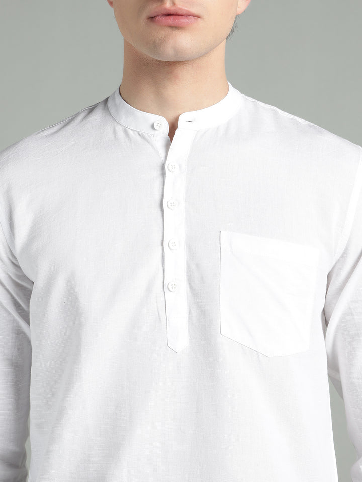 Men’s White Mandarin Collar Linen Cotton Kurta Shirt