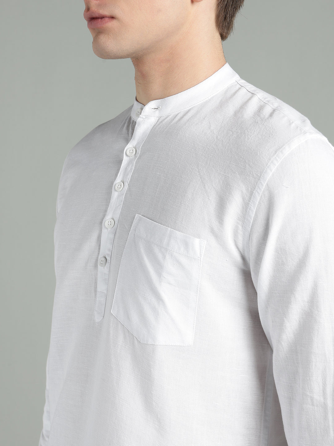 Men’s White Mandarin Collar Linen Cotton Kurta Shirt