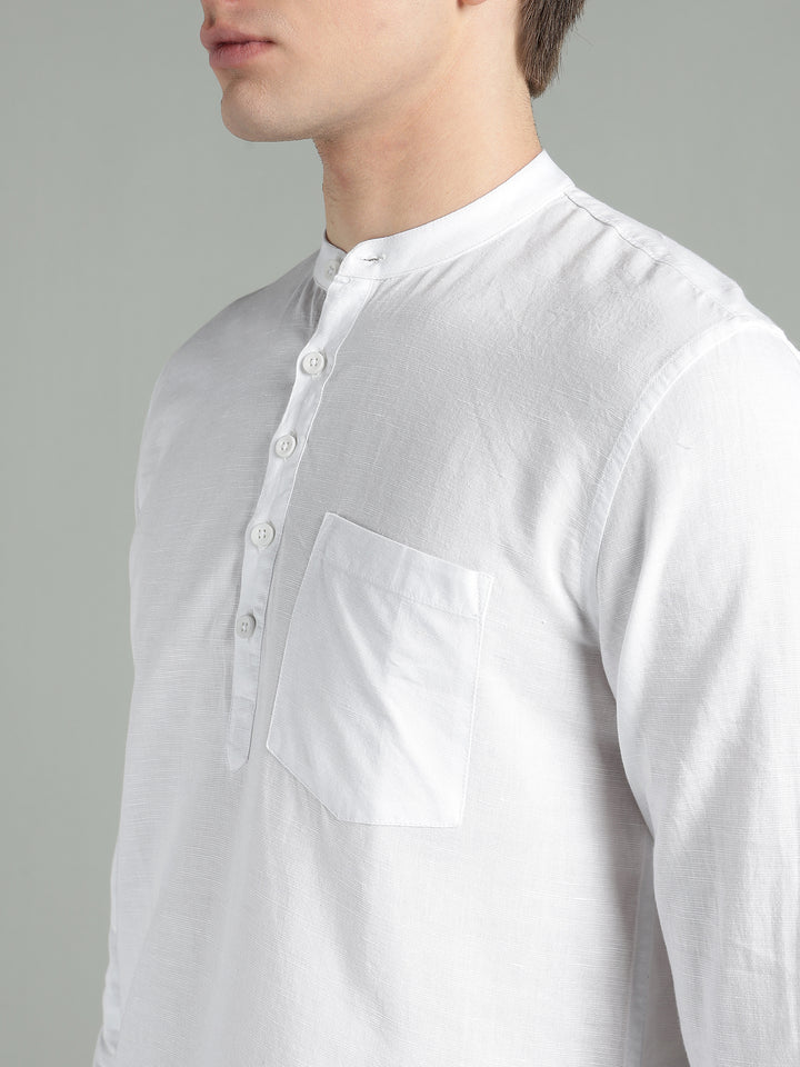 Men’s White Mandarin Collar Linen Cotton Kurta Shirt