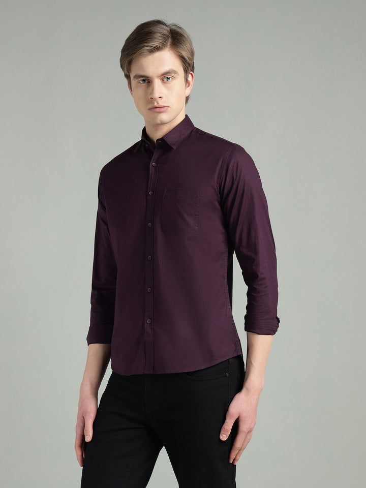 Men’s Maroon Solid Cotton Blend Casual Shirt