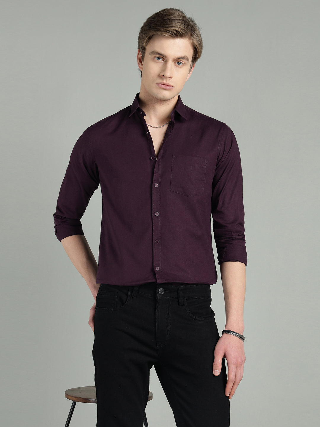 Men’s Maroon Solid Cotton Blend Casual Shirt