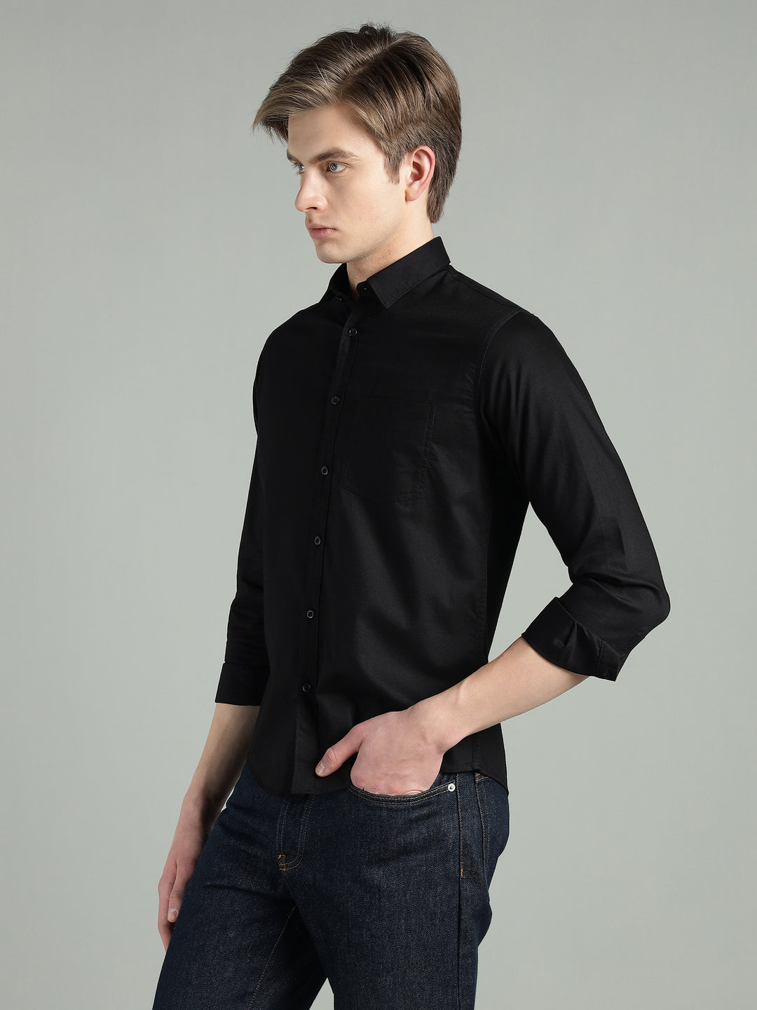 Men’s Black Solid Cotton Casual Shirt