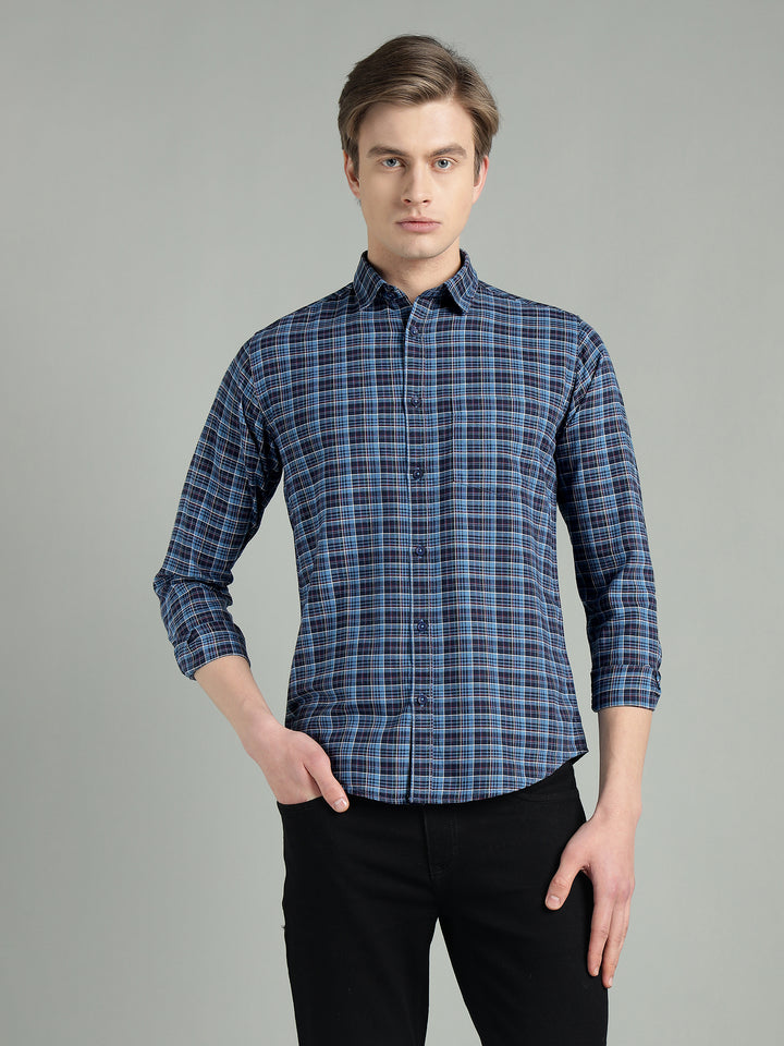 Men’s Navy Blue Checkered Cotton Casual Shirt