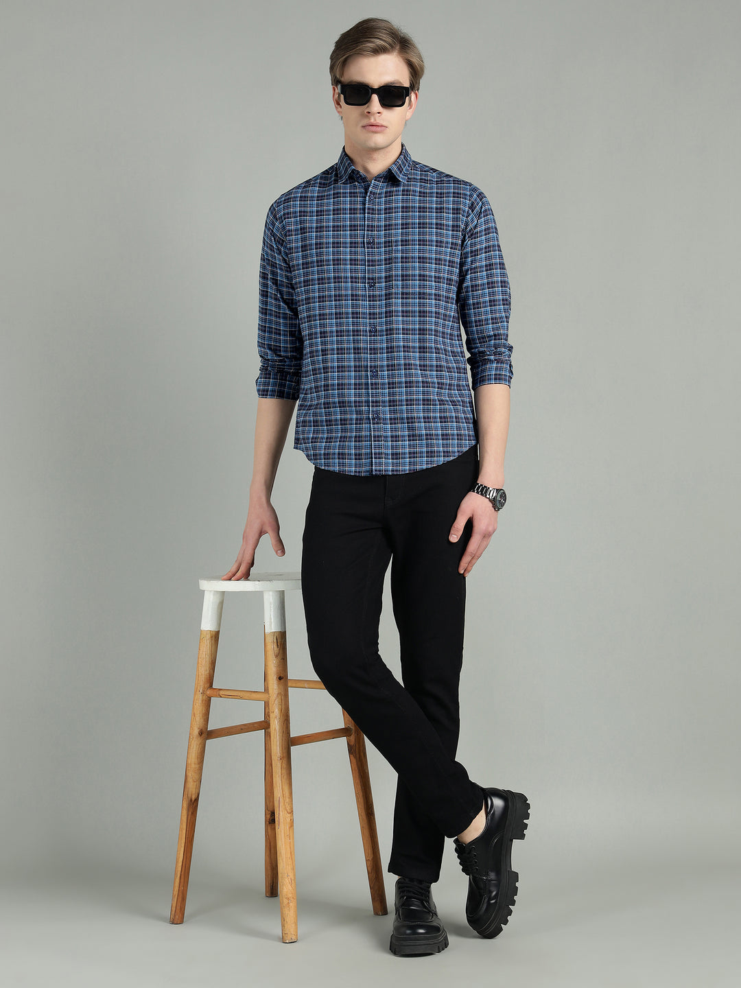 Men’s Navy Blue Checkered Cotton Casual Shirt