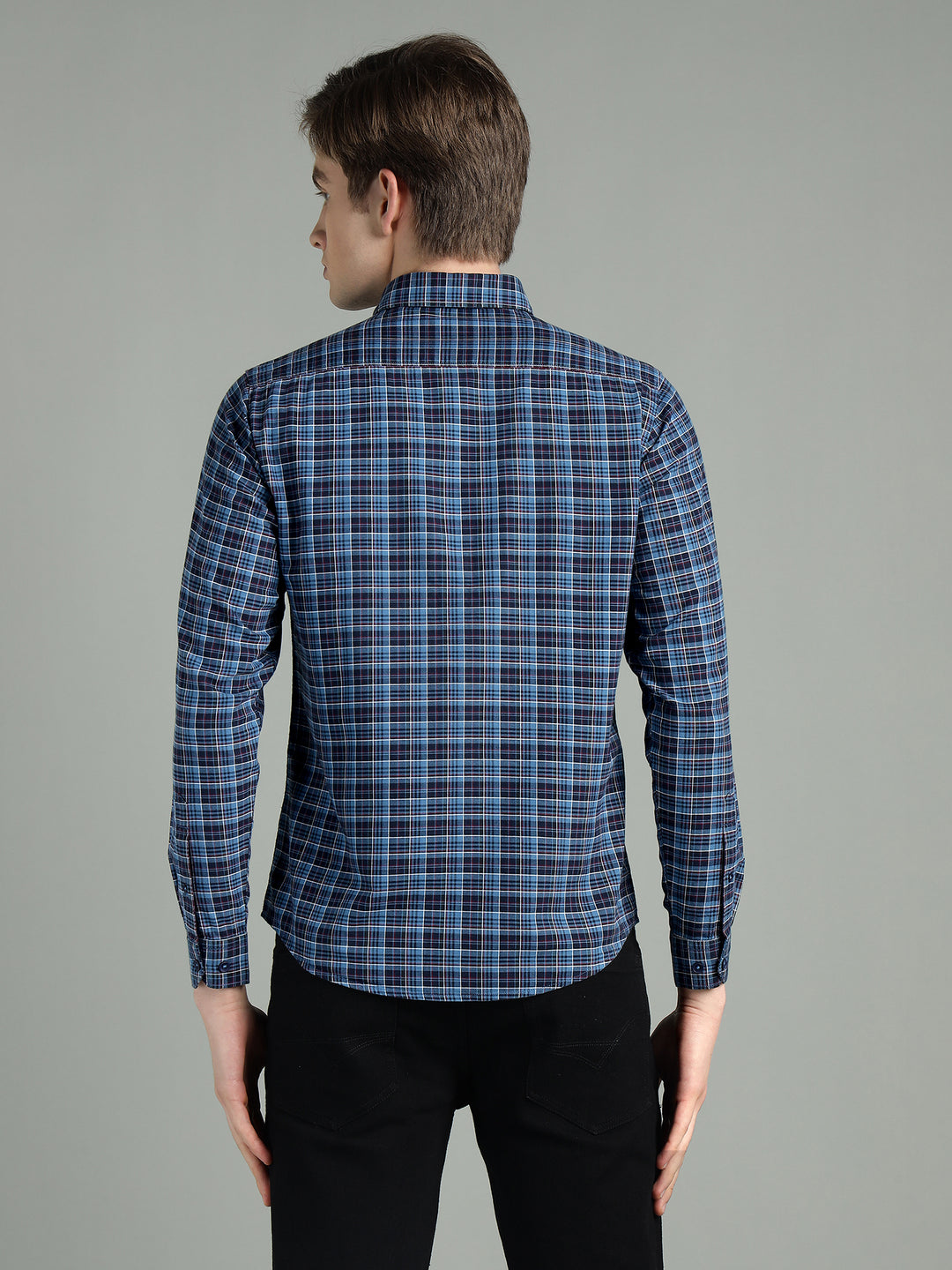 Men’s Navy Blue Checkered Cotton Casual Shirt