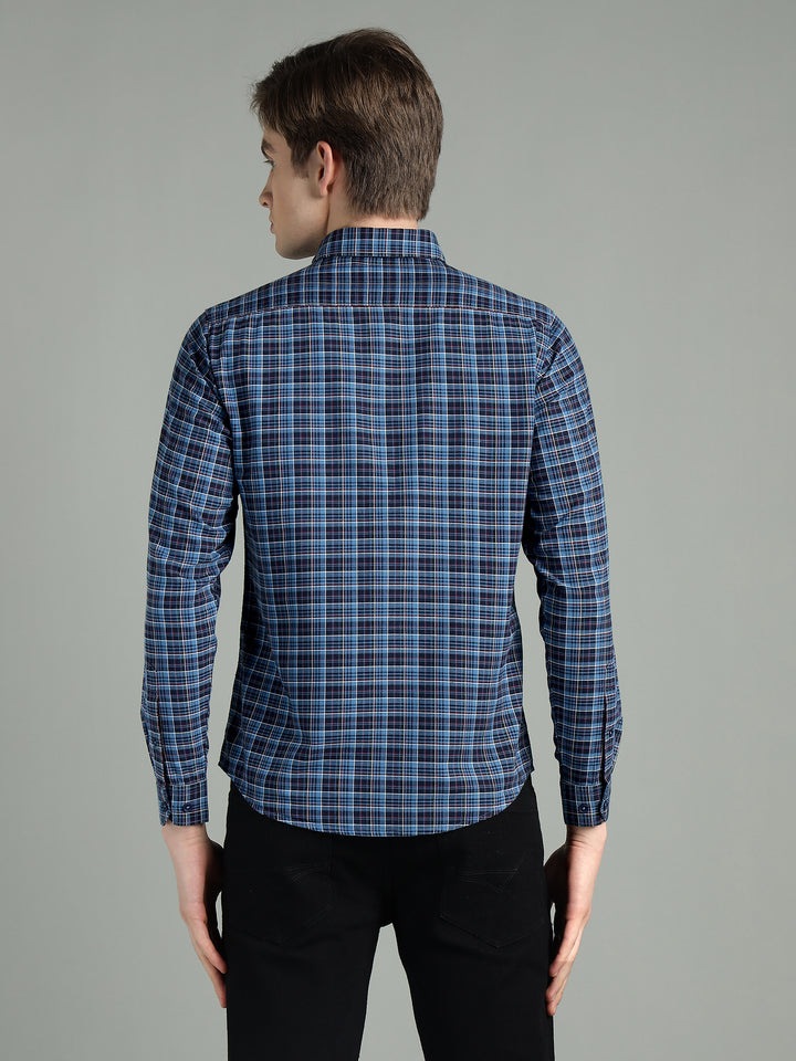 Men’s Navy Blue Checkered Cotton Casual Shirt