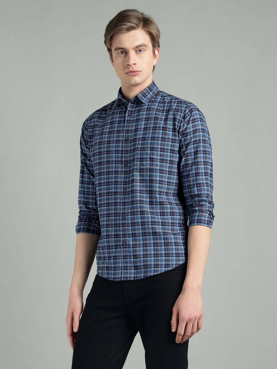 Men’s Navy Blue Checkered Cotton Casual Shirt