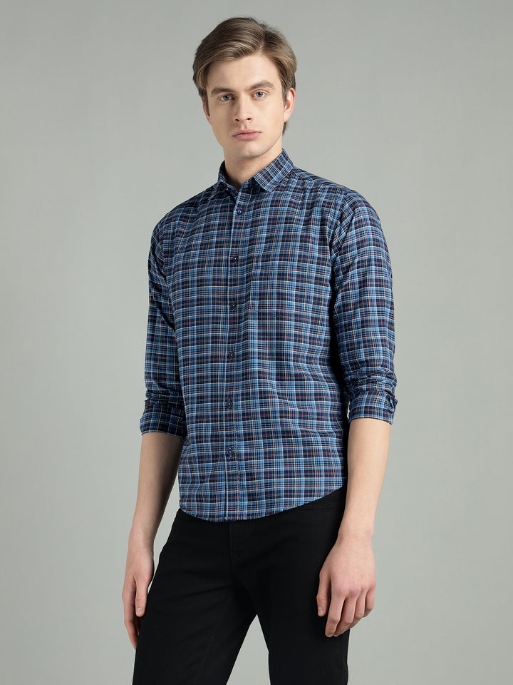 Men’s Navy Blue Checkered Cotton Casual Shirt