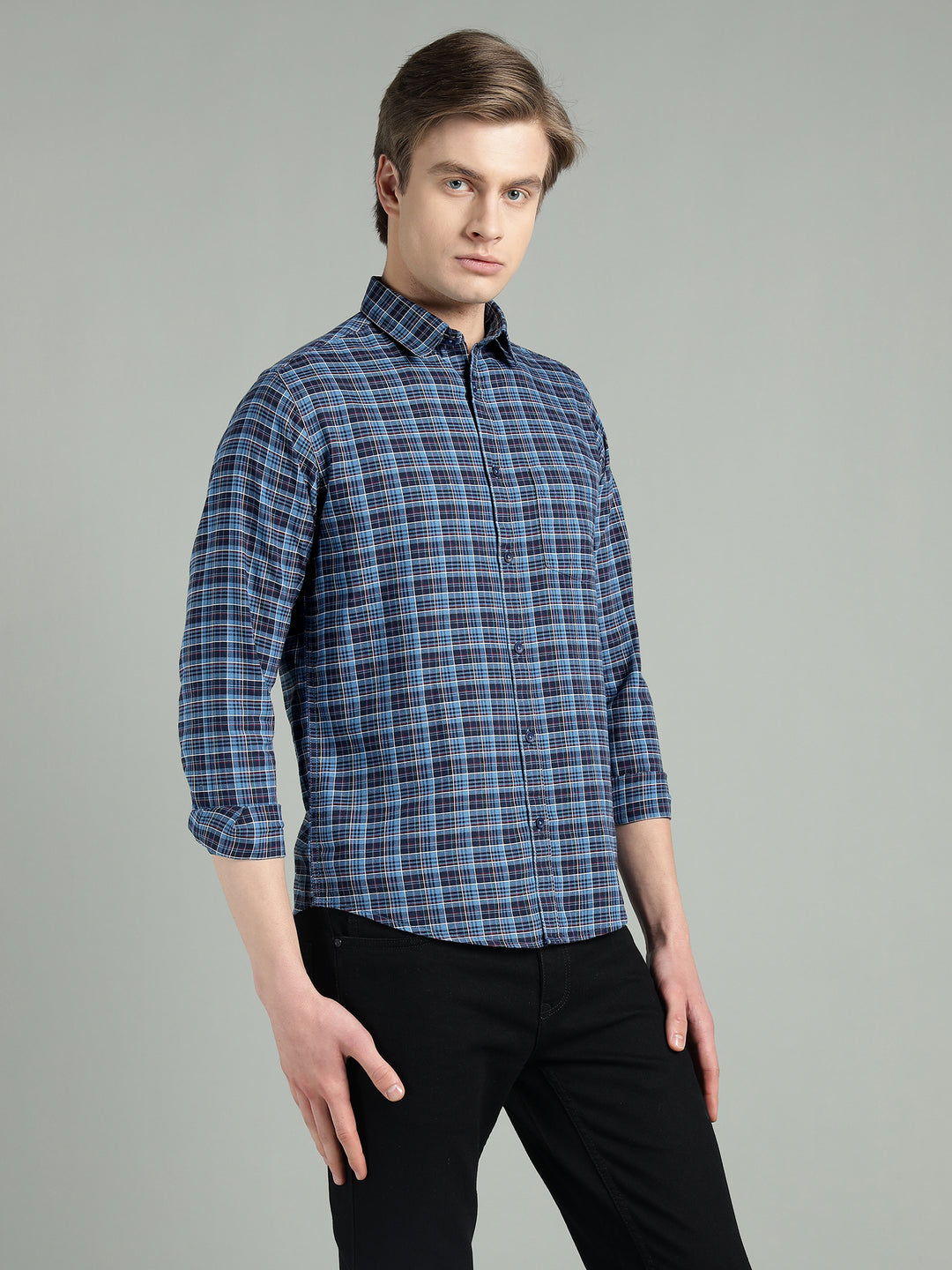 Men’s Navy Blue Checkered Cotton Casual Shirt