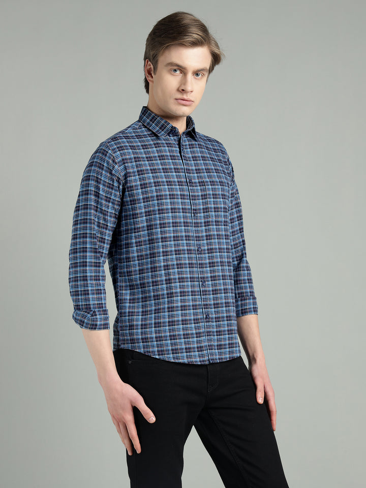 Men’s Navy Blue Checkered Cotton Casual Shirt