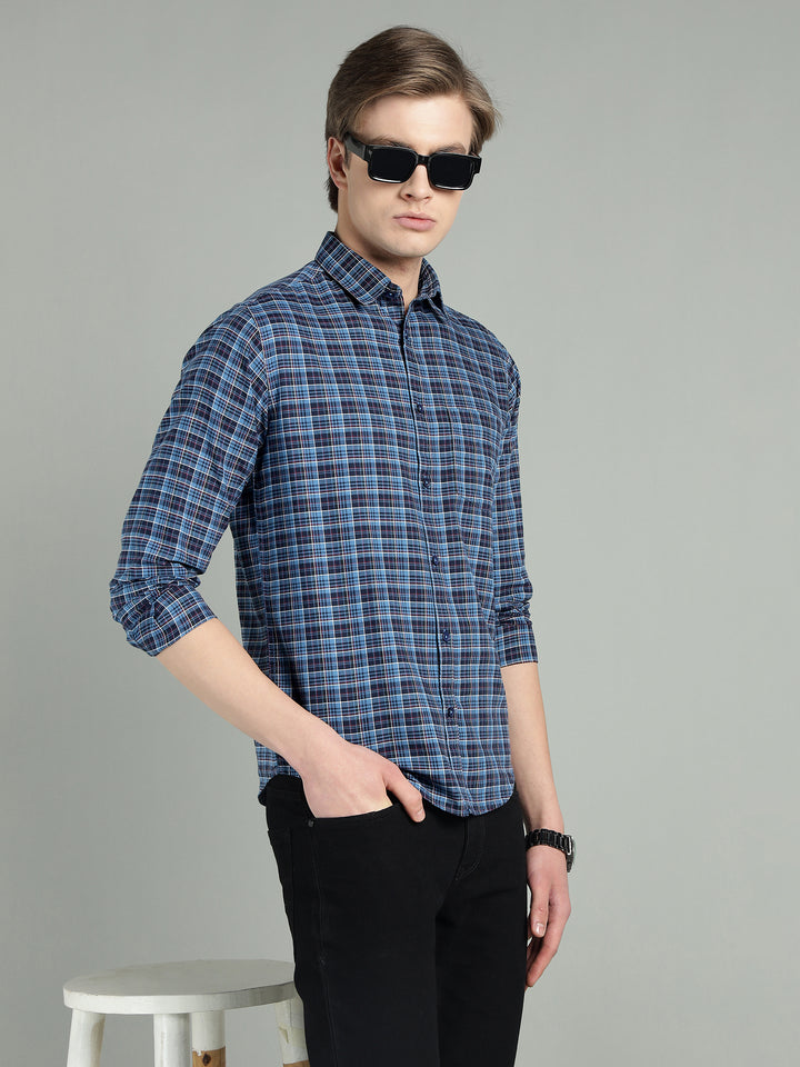 Men’s Navy Blue Checkered Cotton Casual Shirt