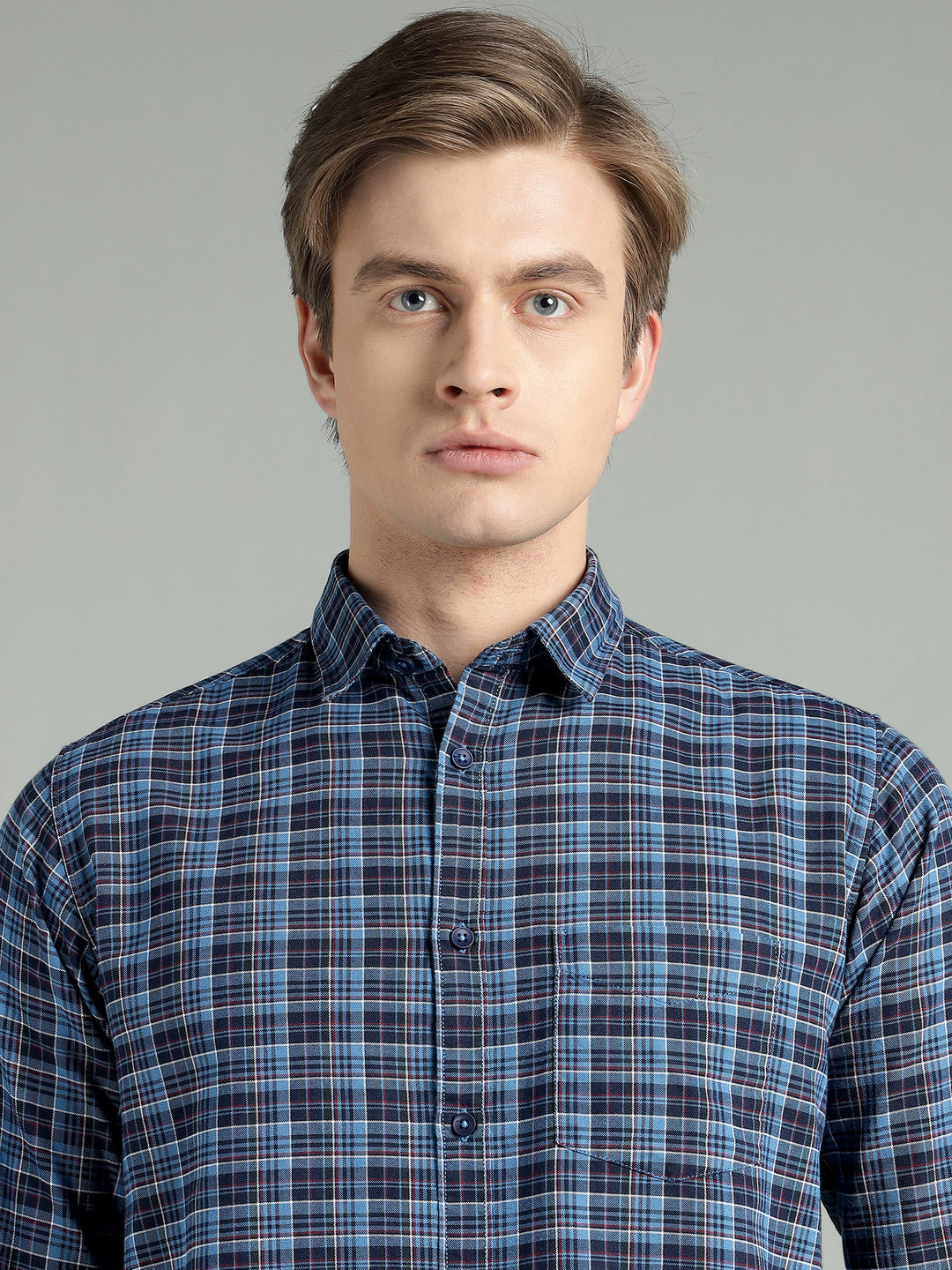 Men’s Navy Blue Checkered Cotton Casual Shirt