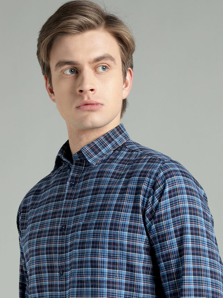 Men’s Navy Blue Checkered Cotton Casual Shirt