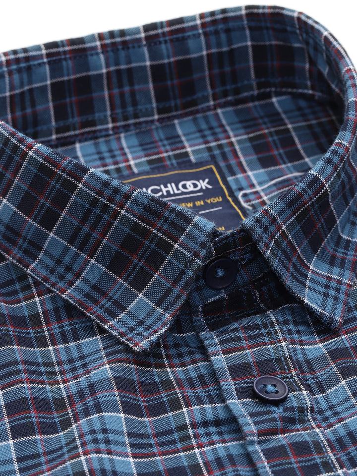 Men’s Navy Blue Checkered Cotton Casual Shirt