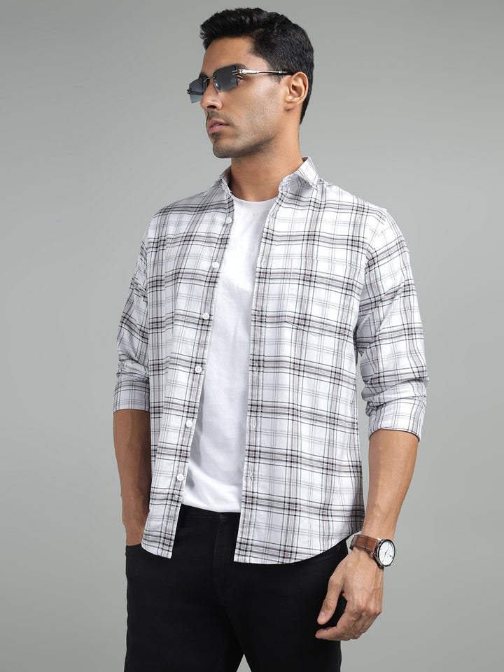 Men White Check Cotton Casual Shirt