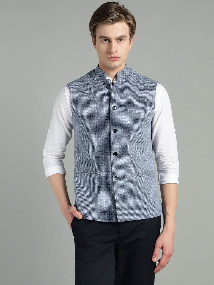 Men’s Classic Blue Textured Nehru Jacket