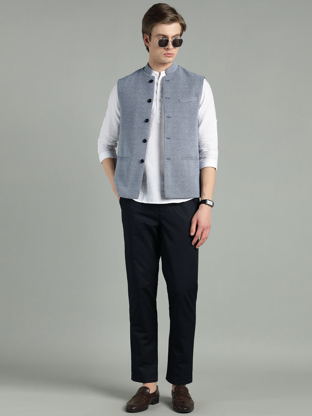 Men’s Classic Blue Textured Nehru Jacket