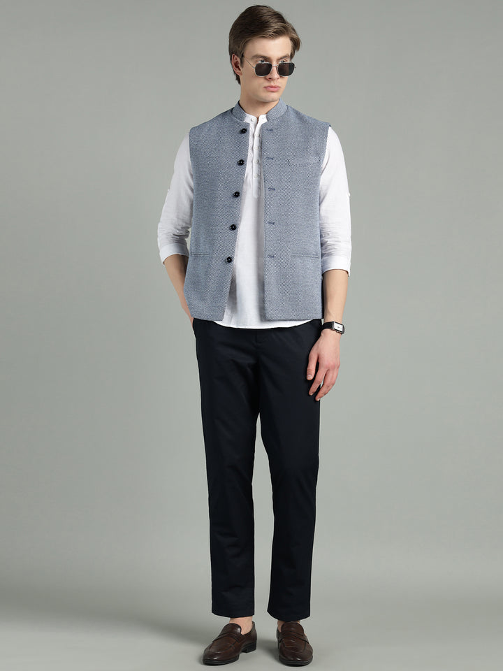 Men’s Classic Blue Textured Nehru Jacket