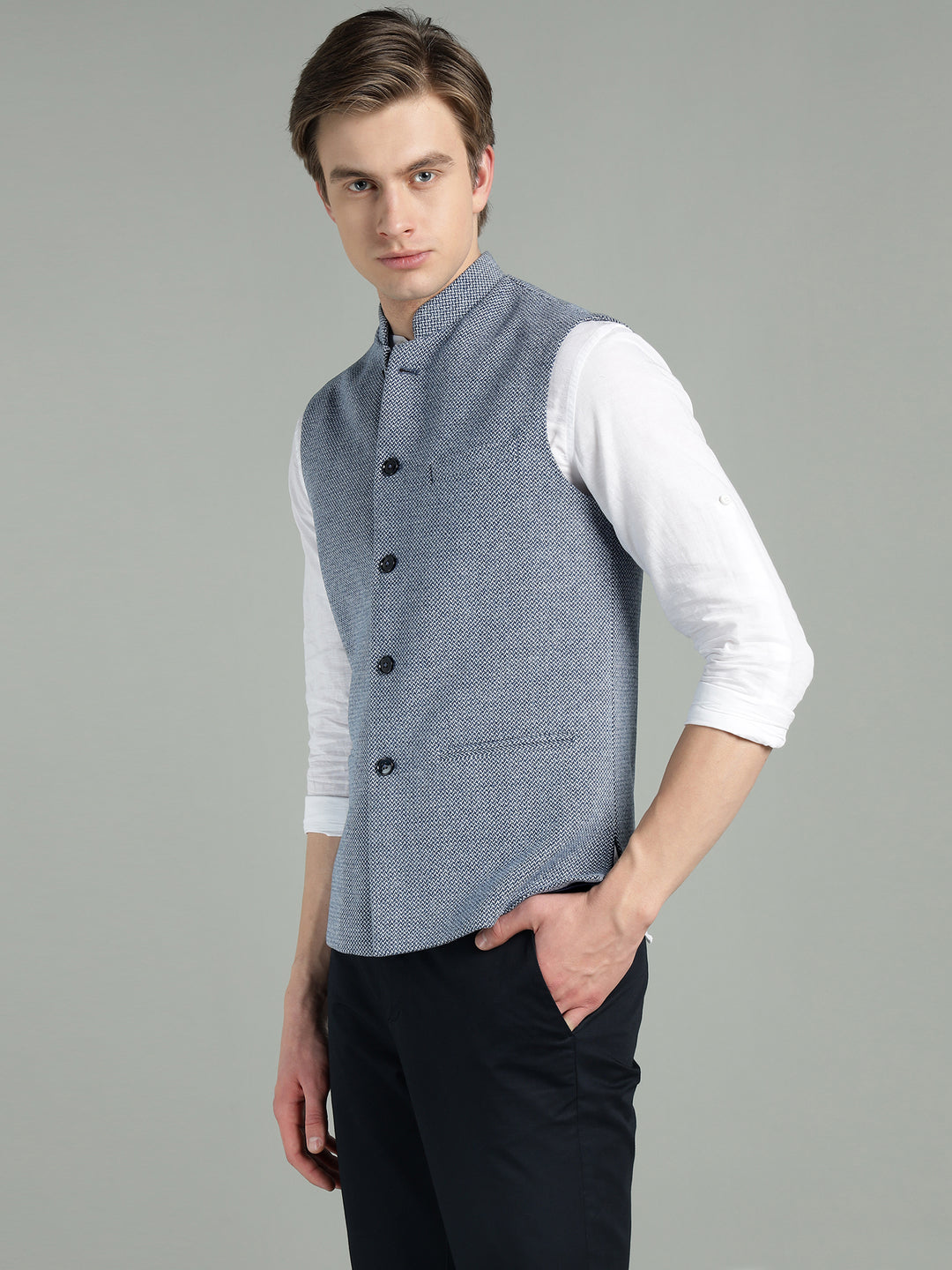 Men’s Classic Blue Textured Nehru Jacket