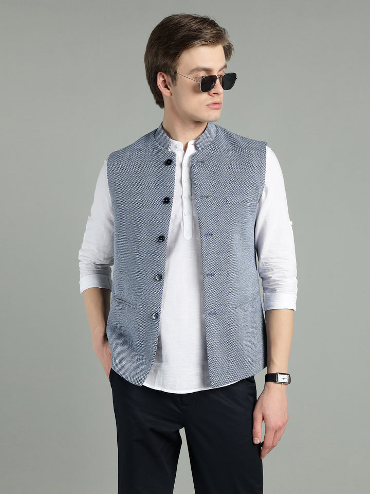 Men’s Classic Blue Textured Nehru Jacket