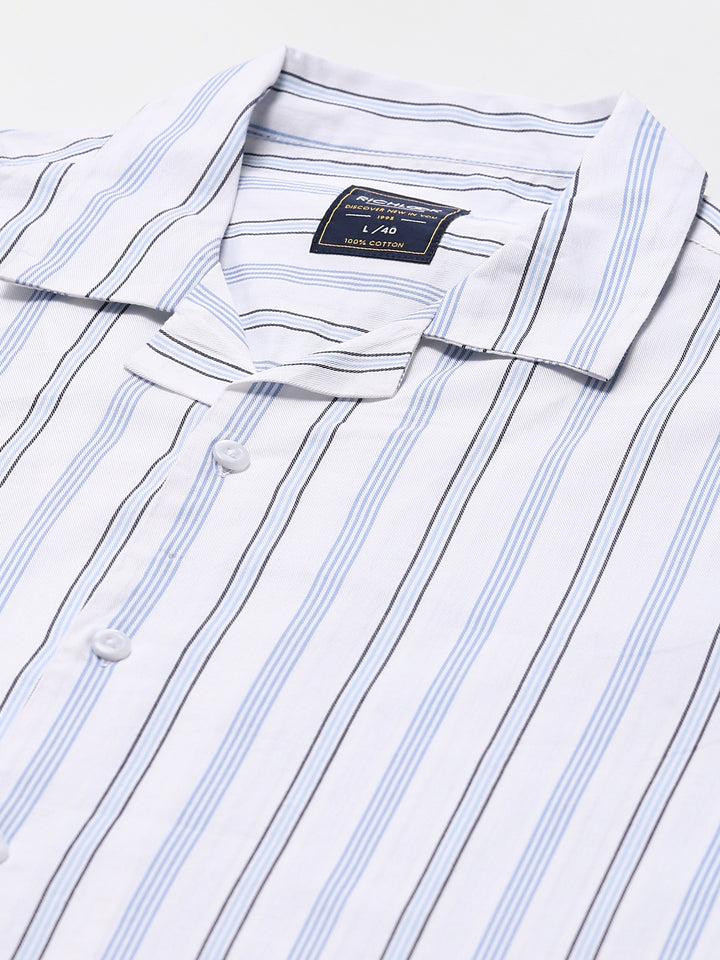Men's White Stripe Cuban Collar Half Sleeve Shirt