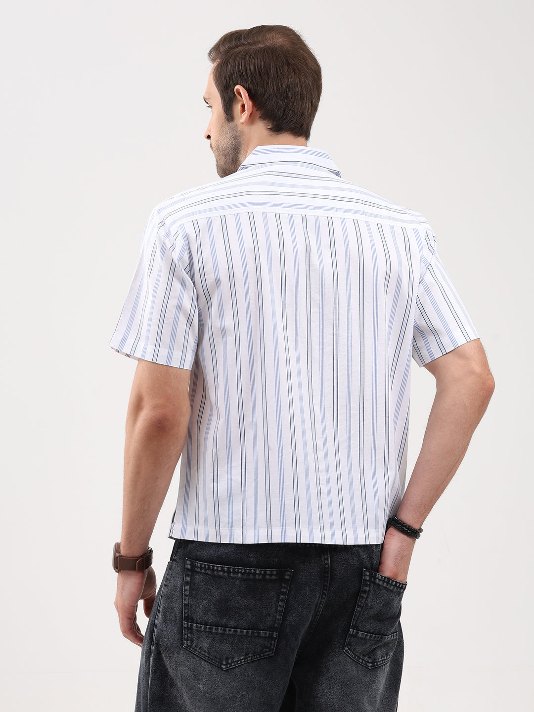 Men's White Stripe Cuban Collar Half Sleeve Shirt