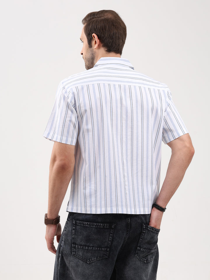 Men's White Stripe Cuban Collar Half Sleeve Shirt