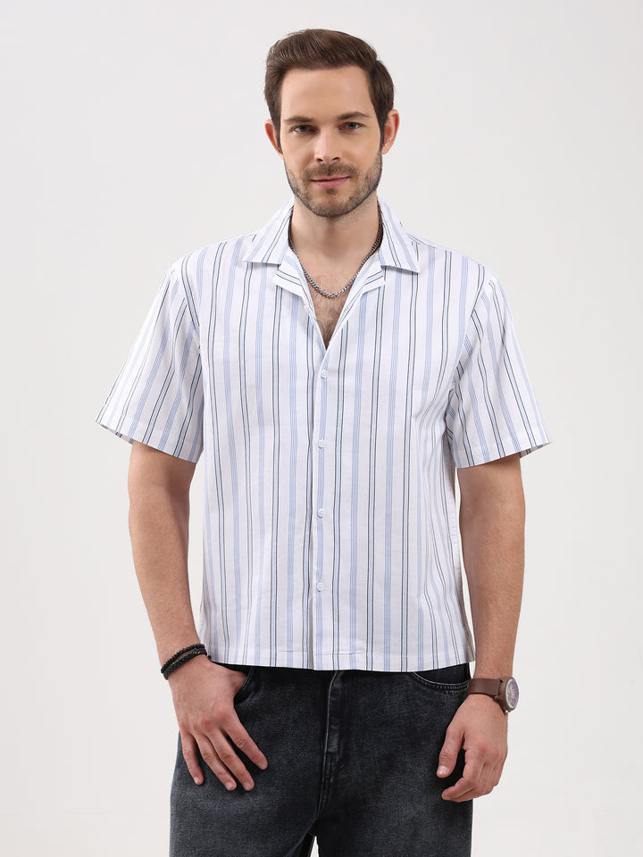 Men's White Stripe Cuban Collar Half Sleeve Shirt