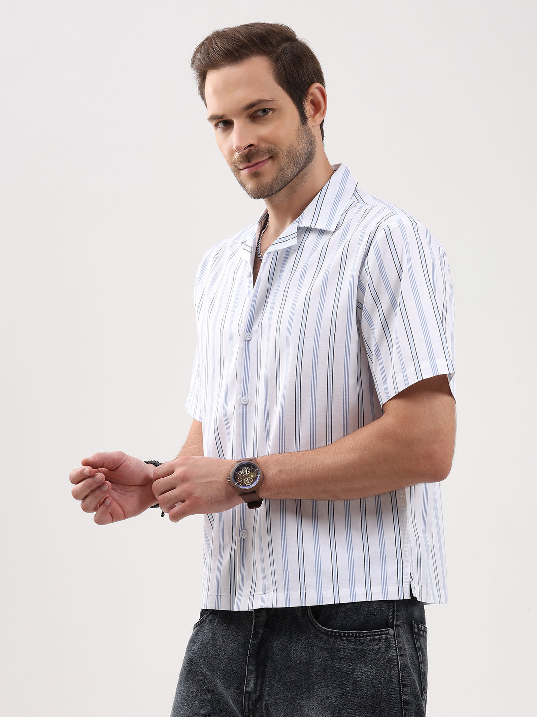 Men's White Stripe Cuban Collar Half Sleeve Shirt