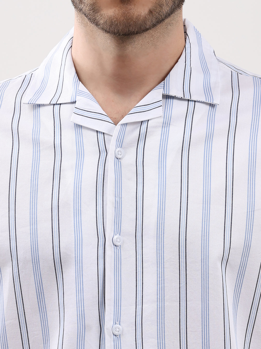 Men's White Stripe Cuban Collar Half Sleeve Shirt