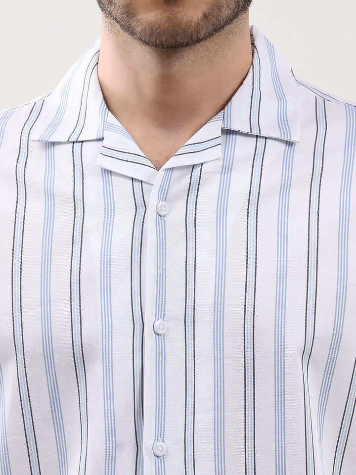 Men's White Stripe Cuban Collar Half Sleeve Shirt