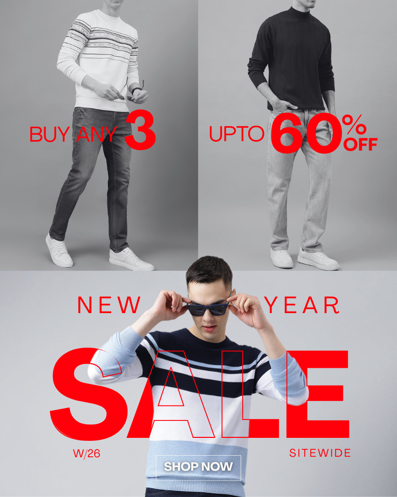 Promotional advertisement for a clothing sale with text and images of people wearing clothes.